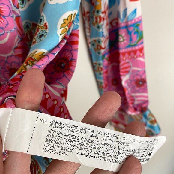 Zara Patchwork Printed Button Up Shirt Long Sleeve Colorful Womens Medium Satin - Picture 8 of 12